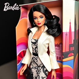 A stunning Barbie doll with sleek, dark hair styled in a glamorous Italian fashion, featuring elegant curls that cascade down her shoulders