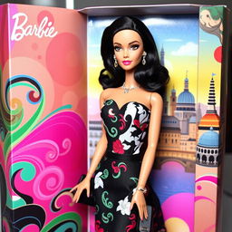 A stunning Barbie doll with sleek, dark hair styled in a glamorous Italian fashion, featuring elegant curls that cascade down her shoulders