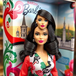 A stunning Barbie doll with sleek, dark hair styled in a glamorous Italian fashion, featuring elegant curls that cascade down her shoulders