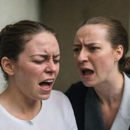 A detailed scene featuring two women; one is expectant and showcasing visible anger, while a man in their company is in tears.