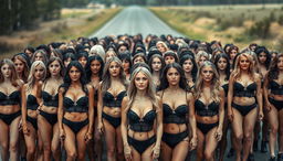 A large group of women with light skin tones and diverse hair colors, predominantly blonde and brown, standing closely together in rows