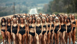 A large group of women with light skin tones and diverse hair colors, predominantly blonde and brown, standing closely together in rows