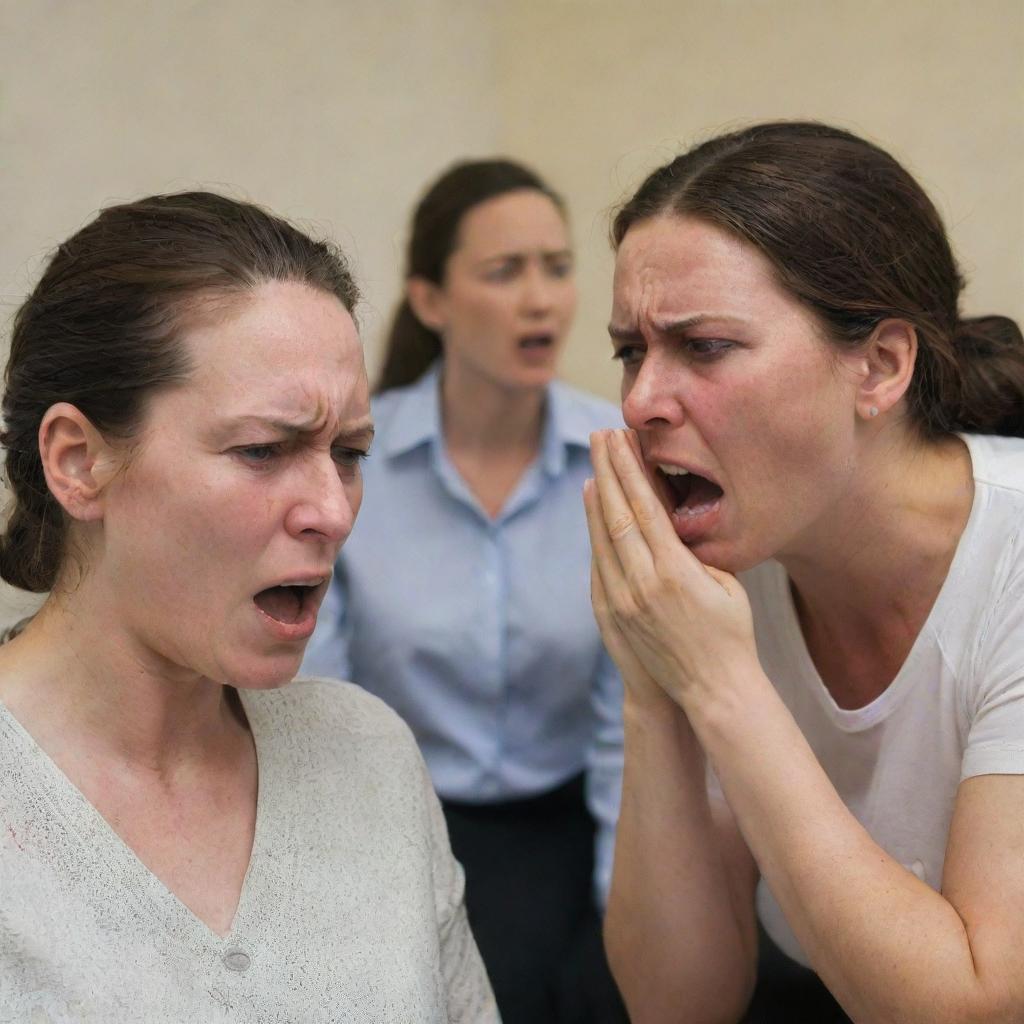 A detailed scene featuring two women; one is expectant and showcasing visible anger, while a man in their company is in tears.