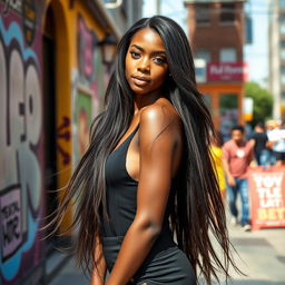 A stunning Black young woman with long, flowing hair and a slender body, standing gracefully in a vibrant urban setting