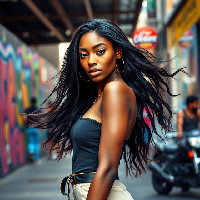 A stunning Black young woman with long, flowing hair and a slender body, standing gracefully in a vibrant urban setting