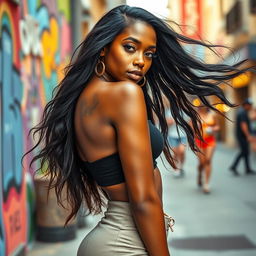 A stunning Black young woman with long, flowing hair and a slender body, standing gracefully in a vibrant urban setting