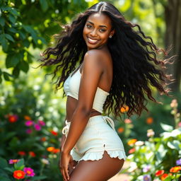 A stunning Black young woman with long, flowing hair and a slender body, posing elegantly in a vibrant natural setting, surrounded by lush greenery and colorful flowers