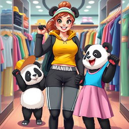 A dynamic scene of a sporty panda mom shopping for clothes with her twin cubs, a boy and a girl