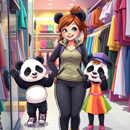 A dynamic scene of a sporty panda mom shopping for clothes with her twin cubs, a boy and a girl