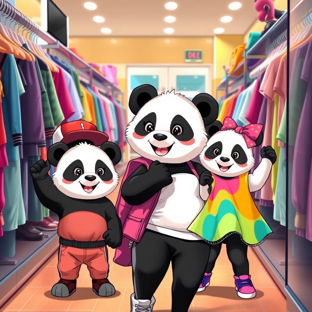 A dynamic scene of a sporty panda mom shopping for clothes with her twin cubs, a boy and a girl