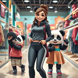 A dynamic scene of a sporty panda mom shopping for clothes with her twin cubs, a boy and a girl