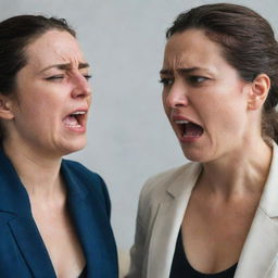 A detailed scene featuring two women; one is expectant and showcasing visible anger, while a man in their company is in tears.