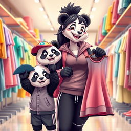 A playful scene featuring a sporty animal panda mom shopping for clothes with her twin cubs, a boy and a girl