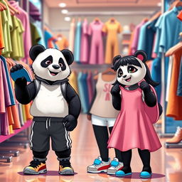 A playful scene featuring a sporty animal panda mom shopping for clothes with her twin cubs, a boy and a girl