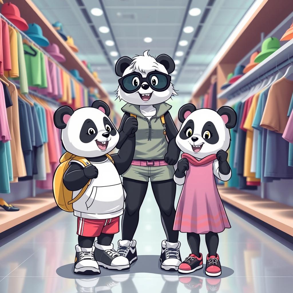 A playful scene featuring a sporty animal panda mom shopping for clothes with her twin cubs, a boy and a girl