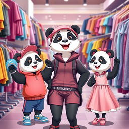 A playful scene featuring a sporty animal panda mom shopping for clothes with her twin cubs, a boy and a girl