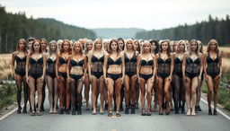 A large group of women with light skin tones, predominantly blonde from Scandinavian countries, very white, standing closely together in rows