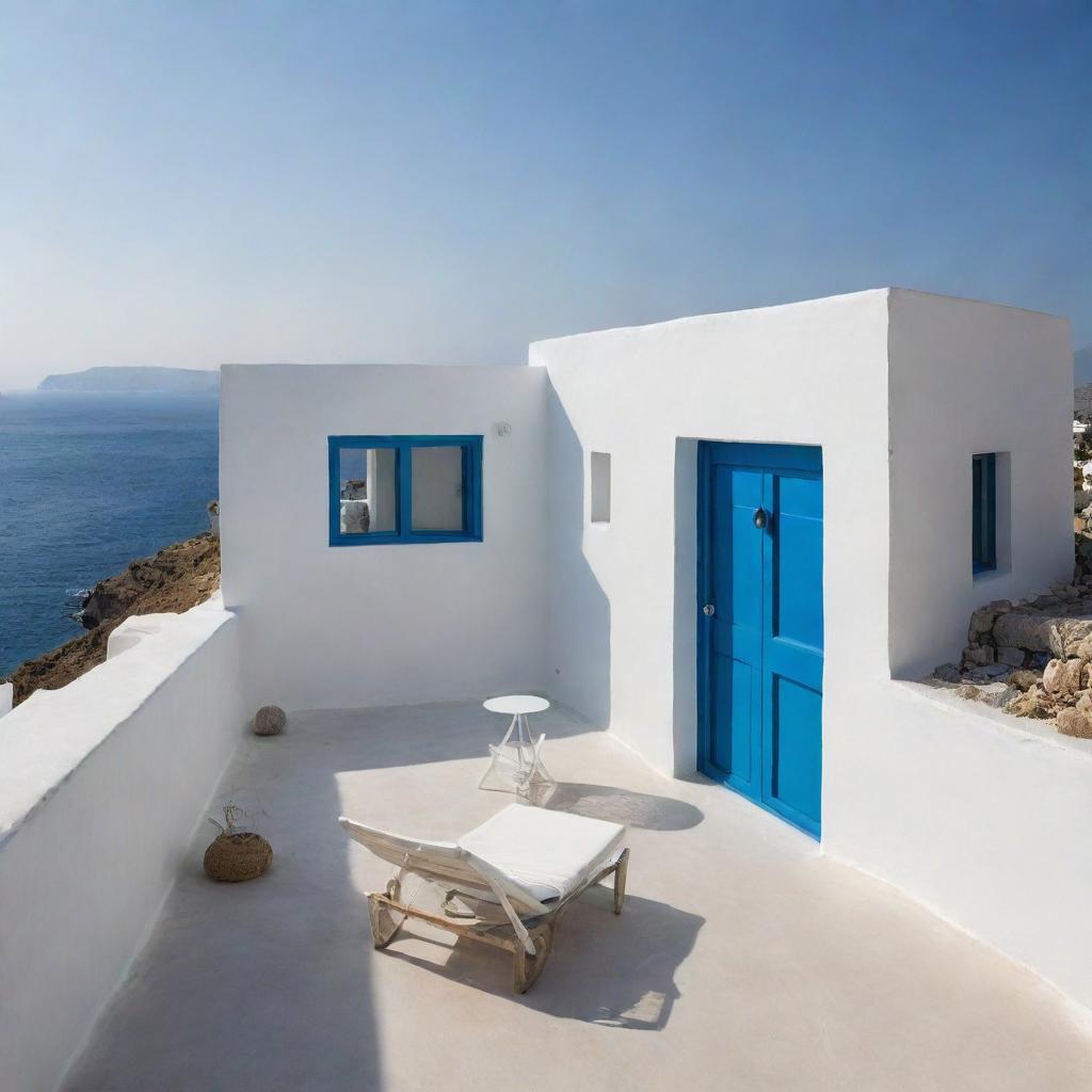 A small modern beach house showcasing Greek vibes, with white washed walls, blue accents and terraces overlooking the Aegean Sea.