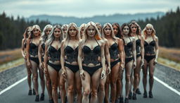 A large group of women with light skin tones, predominantly blonde from Scandinavian countries, very white, standing closely together in rows