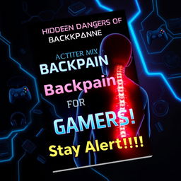 An ebook cover design for 'Hidden Dangers of Backpain for Gamers: Stay Alert!!!'