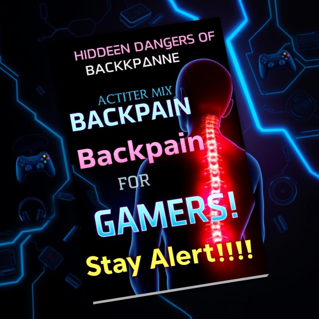 An ebook cover design for 'Hidden Dangers of Backpain for Gamers: Stay Alert!!!'