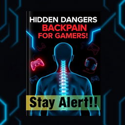 An ebook cover design for 'Hidden Dangers of Backpain for Gamers: Stay Alert!!!'