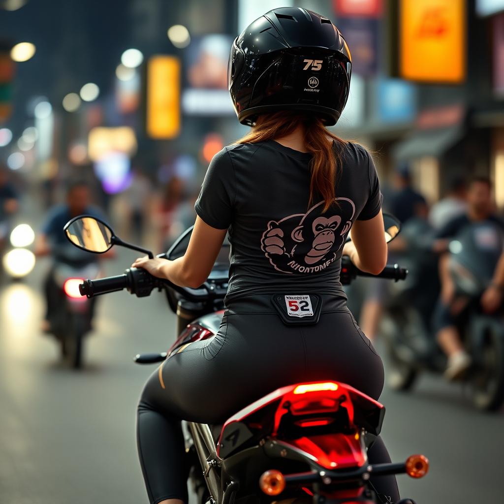 A beautiful motorcycle rider girl with delicate skin and intricate details, riding on her racing motorcycle with her hands confidently gripping the handlebars