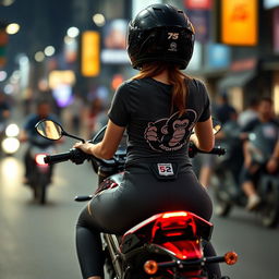 A beautiful motorcycle rider girl with delicate skin and intricate details, riding on her racing motorcycle with her hands confidently gripping the handlebars