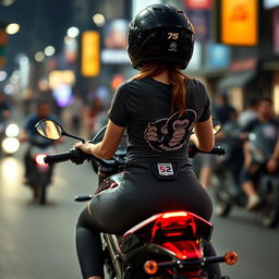 A beautiful motorcycle rider girl with delicate skin and intricate details, riding on her racing motorcycle with her hands confidently gripping the handlebars