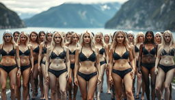 A large group of women with light skin tones, predominantly blonde from Scandinavian countries, very white, standing closely together in rows