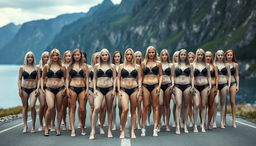 A large group of women with light skin tones, predominantly blonde from Scandinavian countries, very white, standing closely together in rows