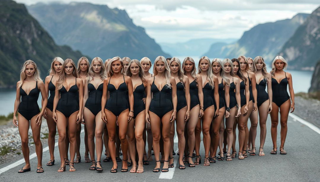 A large group of women with light skin tones and blonde hair, predominantly from Scandinavian countries, very white, standing closely together in rows