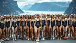 A large group of women with light skin tones and blonde hair, predominantly from Scandinavian countries, very white, standing closely together in rows