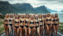 A large group of women with light skin tones and blonde hair, predominantly from Scandinavian countries, very white, standing closely together in rows