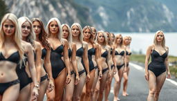 A large group of women with light skin tones and blonde hair, predominantly from Scandinavian countries, very white, standing closely together in rows