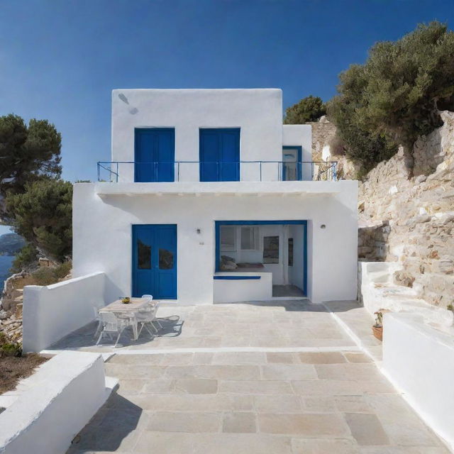 A small modern beach house showcasing Greek vibes, with white washed walls, blue accents and terraces overlooking the Aegean Sea.