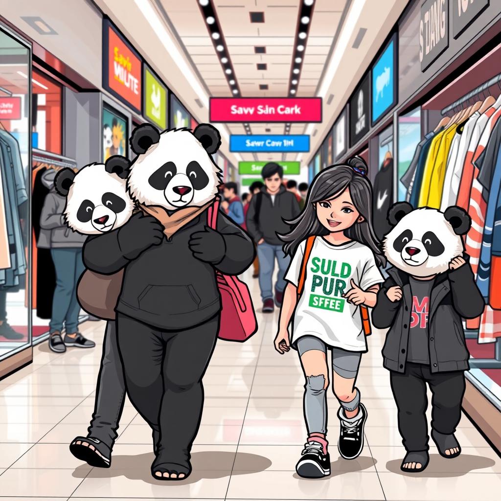 A casual scene featuring a relaxed animal panda mom shopping for clothes with her teenage twins, a boy and a girl