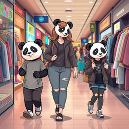 A casual scene featuring a relaxed animal panda mom shopping for clothes with her teenage twins, a boy and a girl