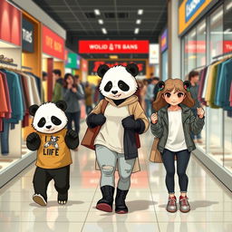 A casual scene featuring a relaxed animal panda mom shopping for clothes with her teenage twins, a boy and a girl