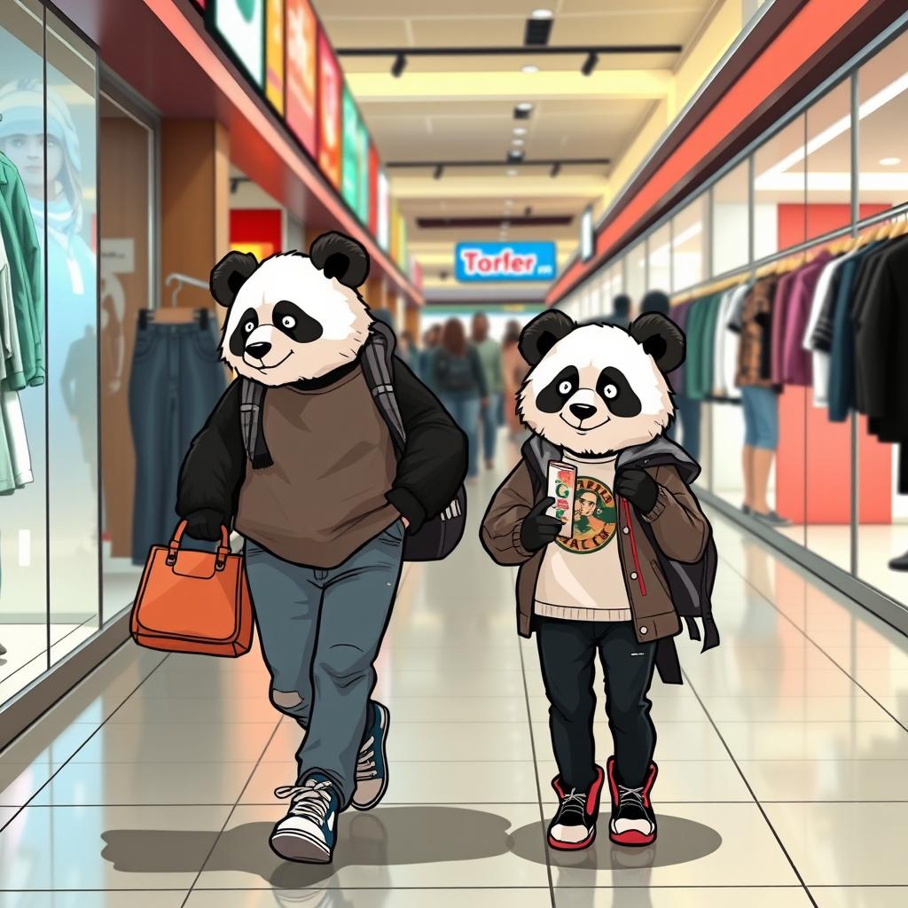 A casual scene featuring a relaxed animal panda mom shopping for clothes with her teenage twins, a boy and a girl