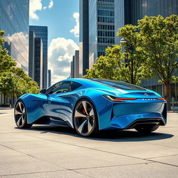 A futuristic electric car, sleek and aerodynamic design, with a glossy metallic finish in vibrant blue color, parked in a modern urban setting with skyscrapers made of glass, trees lining the sidewalk, and a bright sunny sky with fluffy white clouds, showcasing advanced technology features like LED lights and solar panels on the roof