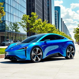 A futuristic electric car, sleek and aerodynamic design, with a glossy metallic finish in vibrant blue color, parked in a modern urban setting with skyscrapers made of glass, trees lining the sidewalk, and a bright sunny sky with fluffy white clouds, showcasing advanced technology features like LED lights and solar panels on the roof