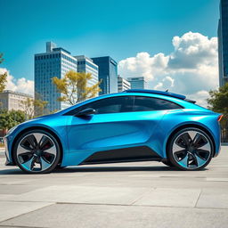 A futuristic electric car, sleek and aerodynamic design, with a glossy metallic finish in vibrant blue color, parked in a modern urban setting with skyscrapers made of glass, trees lining the sidewalk, and a bright sunny sky with fluffy white clouds, showcasing advanced technology features like LED lights and solar panels on the roof