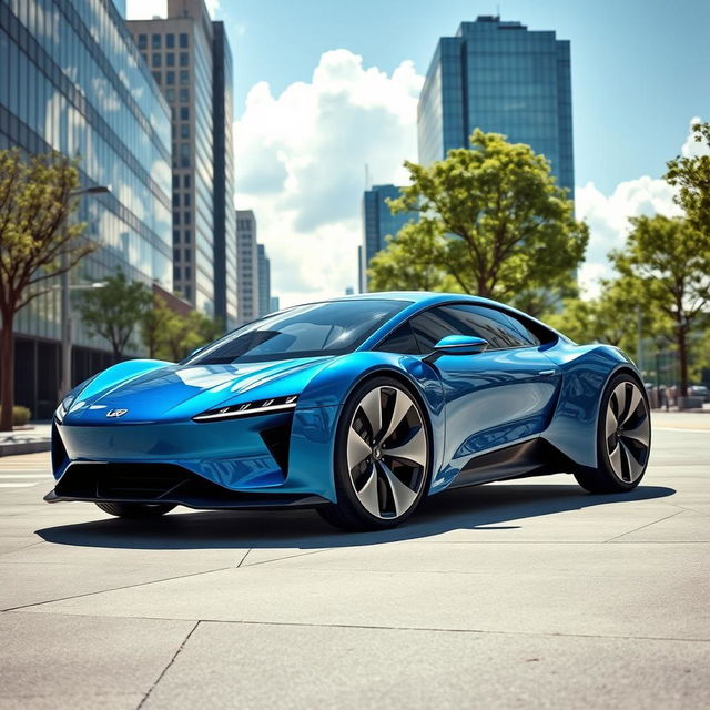 A futuristic electric car, sleek and aerodynamic design, with a glossy metallic finish in vibrant blue color, parked in a modern urban setting with skyscrapers made of glass, trees lining the sidewalk, and a bright sunny sky with fluffy white clouds, showcasing advanced technology features like LED lights and solar panels on the roof