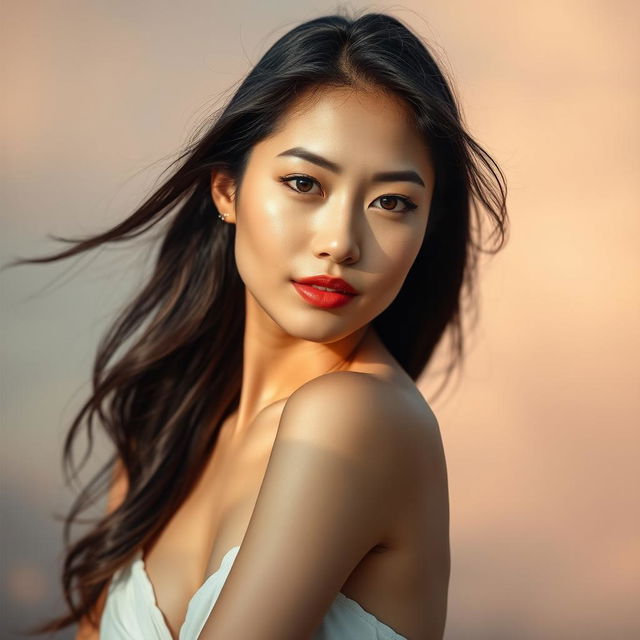 A beautiful Asian woman standing confidently in an artistic setting, embracing her natural beauty with elegance