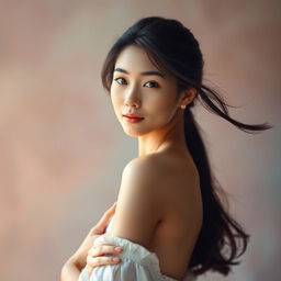 A beautiful Asian woman standing confidently in an artistic setting, embracing her natural beauty with elegance