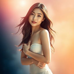 A beautiful Asian woman standing confidently in an artistic setting, embracing her natural beauty with elegance