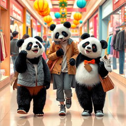 A delightful scene showcasing a casual animal panda mom shopping for clothes with her teenage twin pandas, a boy and a girl