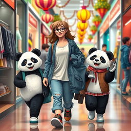 A delightful scene showcasing a casual animal panda mom shopping for clothes with her teenage twin pandas, a boy and a girl