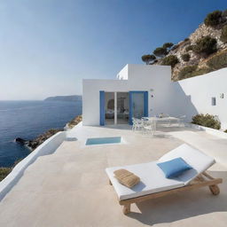 A small modern beach house showcasing Greek vibes, with white washed walls, blue accents and terraces overlooking the Aegean Sea.